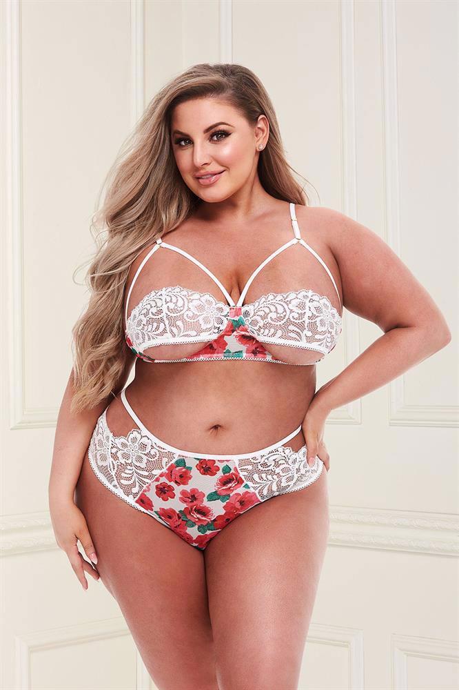 WHITE FLORAL & LACE BRA SET, XL