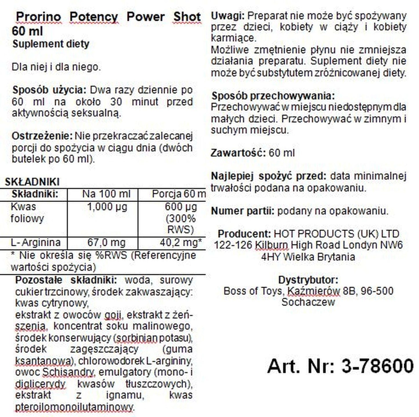 Afrodyzjak dla mężczyzn Hot Prorino Potency Power Shot 60 ml
