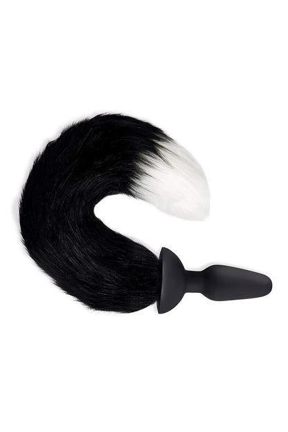 WHIPSMART 4.9 INCH SILICONE VIBRATING PLUG WITH 14 INCH BLACK INDOGO FOX TAIL