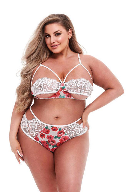 WHITE FLORAL & LACE BRA SET, XL