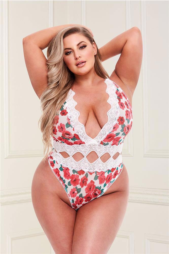 WHITE FLORAL & LACE TEDDY, XL