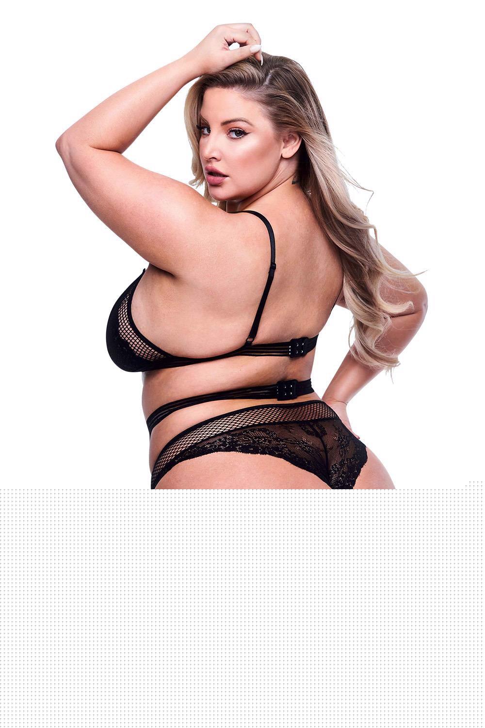3PC LACE & MESH BRA, GARTER & PANTY SET BLACK, QUEEN