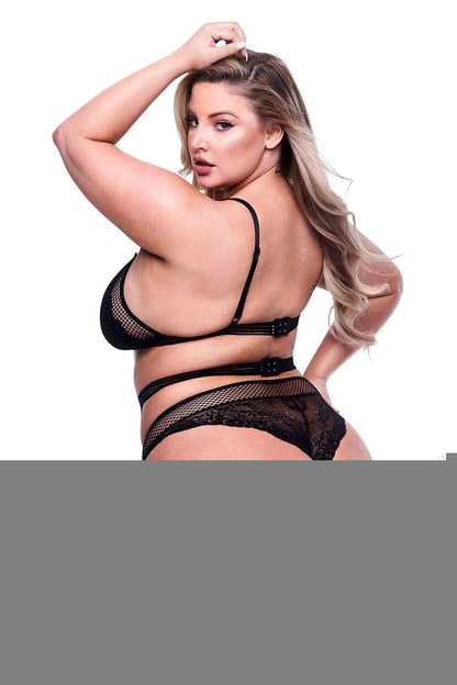 3PC LACE & MESH BRA, GARTER & PANTY SET BLACK, QUEEN