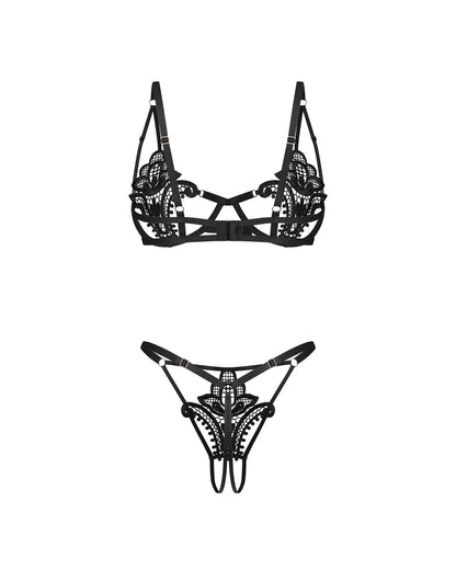 Komplet bielizny Obsessive Luise Sublim Black otwarty S/M