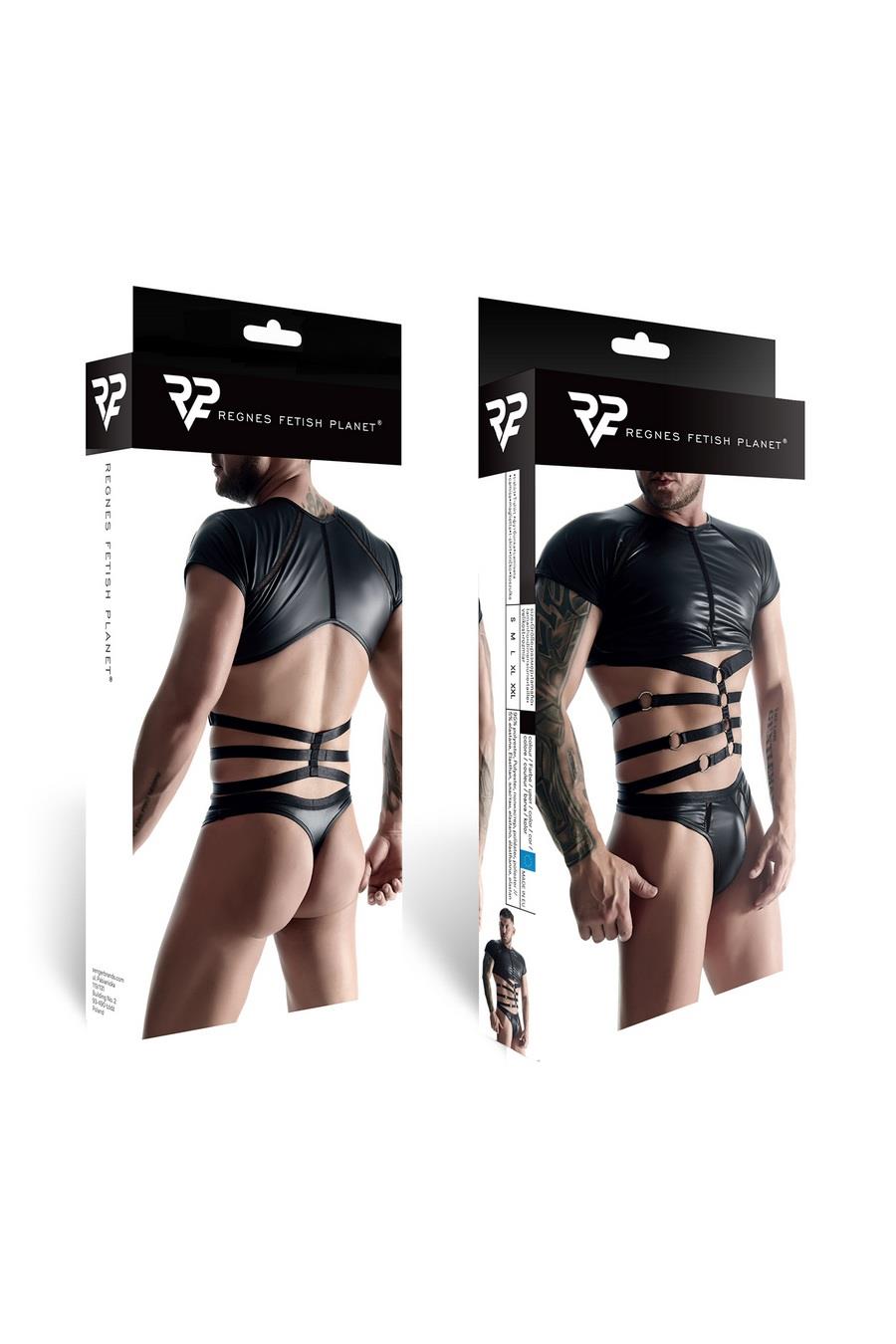 męski komplet z wetlooka: t-shirt z ozdobną gumą, stringi z ozdobną taśmą z przodu XXL