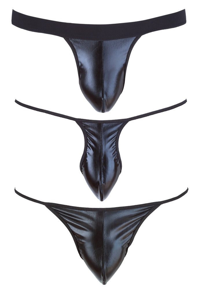 Zestaw 3 czarnych stringów męskich wetlook Svenjoyment SL