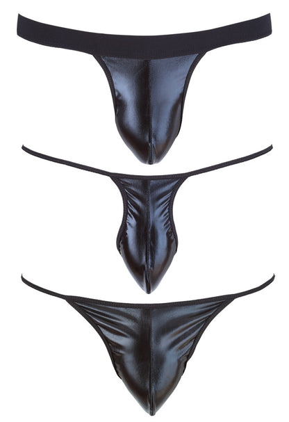 Zestaw 3 czarnych stringów męskich wetlook Svenjoyment SL