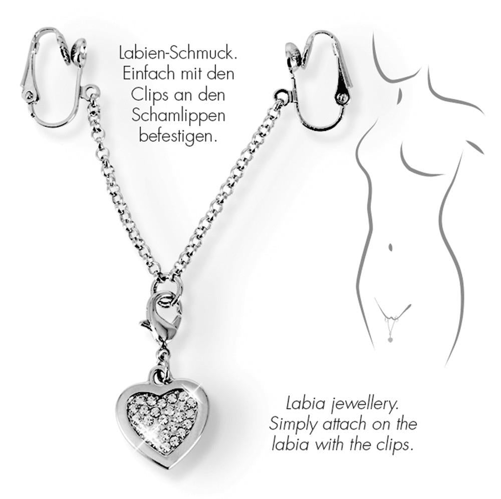 Srebrny łańcuszek z serduszkiem i klipsami labia 12 cm