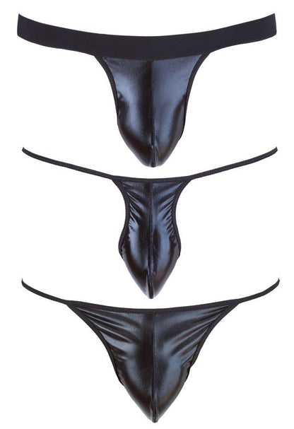 Zestaw 3 czarnych stringów męskich wetlook Svenjoyment SL