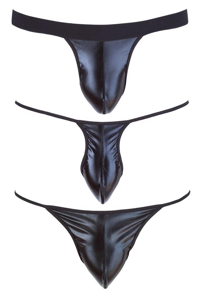 Zestaw 3 czarnych stringów męskich wetlook Svenjoyment SL