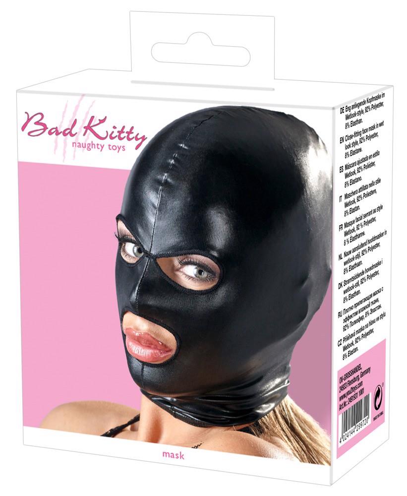 Maska BDSM wet look Bad Kitty czarna z otwartymi oczami i ustami