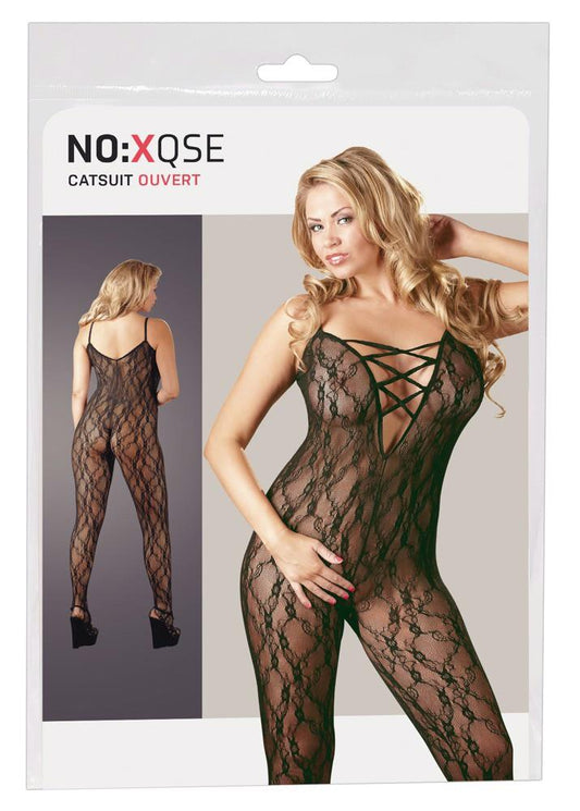 Bodystocking koronkowy ze stopą NO:XQSE czarny XXL XXXL