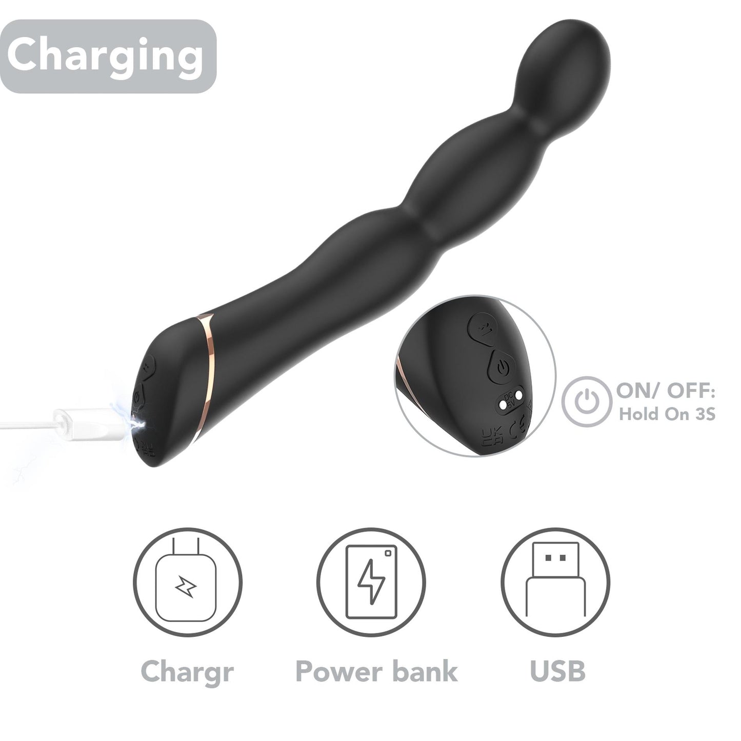 Wibrator analny Laband Black silikonowy 9 funkcji USB 21 cm