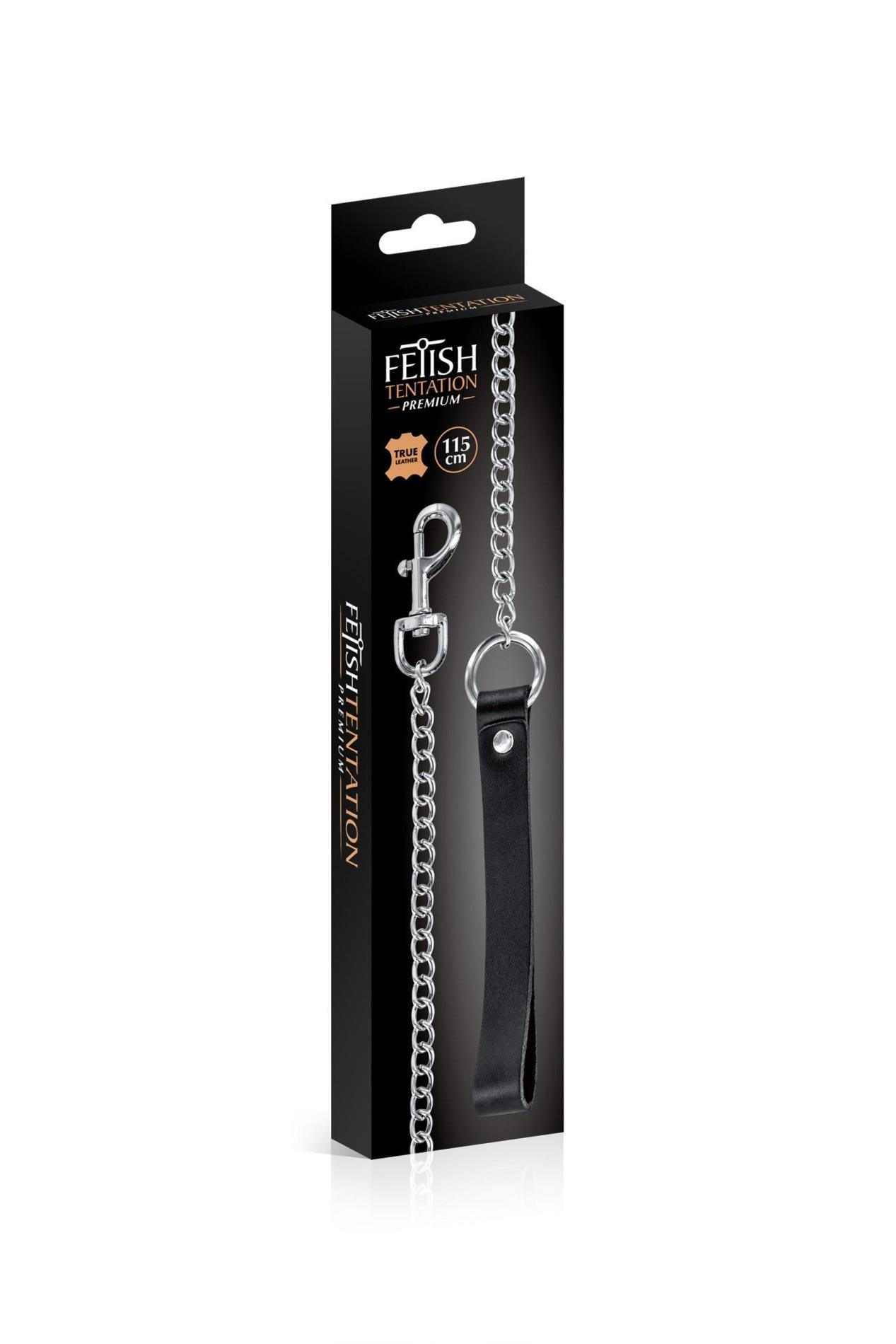 Smycz metalowa Fetish Premium ze skórzanym uchwytem 115 cm